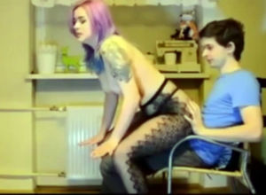 Purple haired biotch in stockings let..